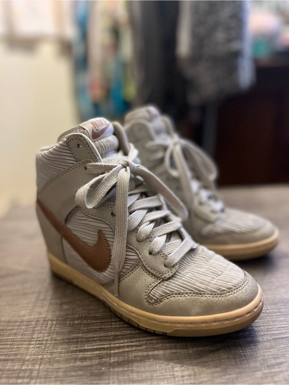 Nike Women’s High-Top Wedge Sneakers in Light Gray with Brown Swoosh